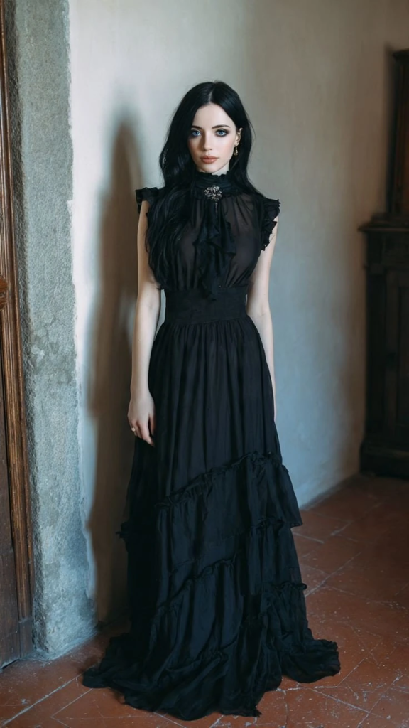 Victorian-inspired black ruffled maxi gown styled with dark makeup and sleek hair for a romantic boho goth look