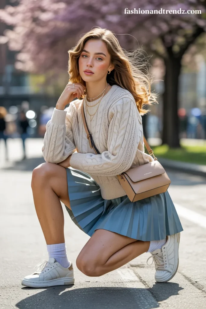 Pleated Tennis Skirt and Cable Knit Combination