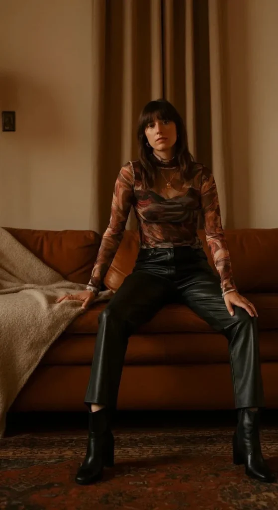 Printed Mesh Top with Leather Pants