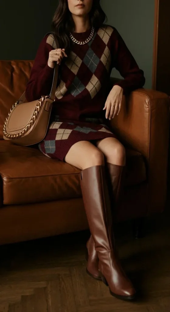 Argyle Sweater Dress with Knee-High Boots