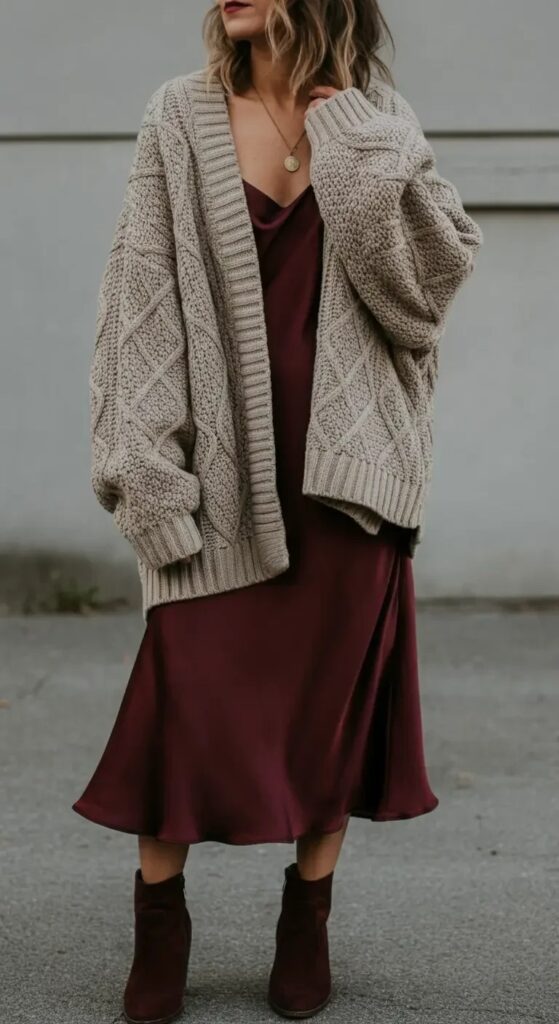 Oversized Sweater with Silk Slip Dress
