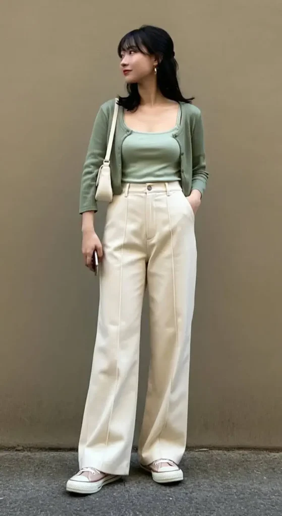 Wide-Leg Trousers with Cropped Cardigan