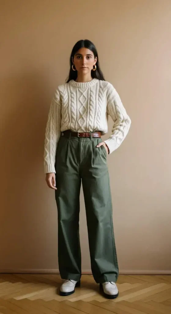 Wide-Leg Khakis with Cropped Cable Knit