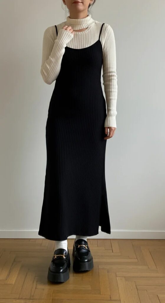Ribbed Dress with Cutout Turtleneck