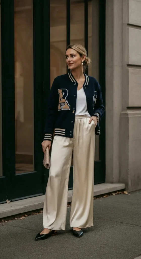 Varsity Cardigan with Silk Pants