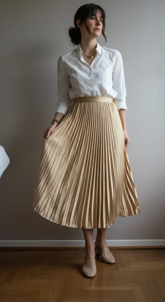 Pleated Skirt and Cotton Blouse