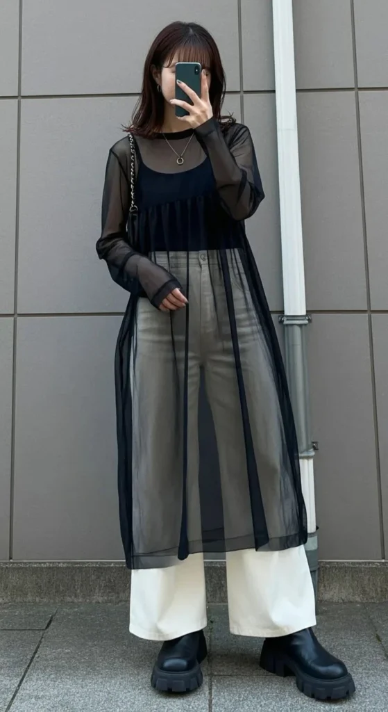 Layered Mesh Dress Over Wide-Leg Pants