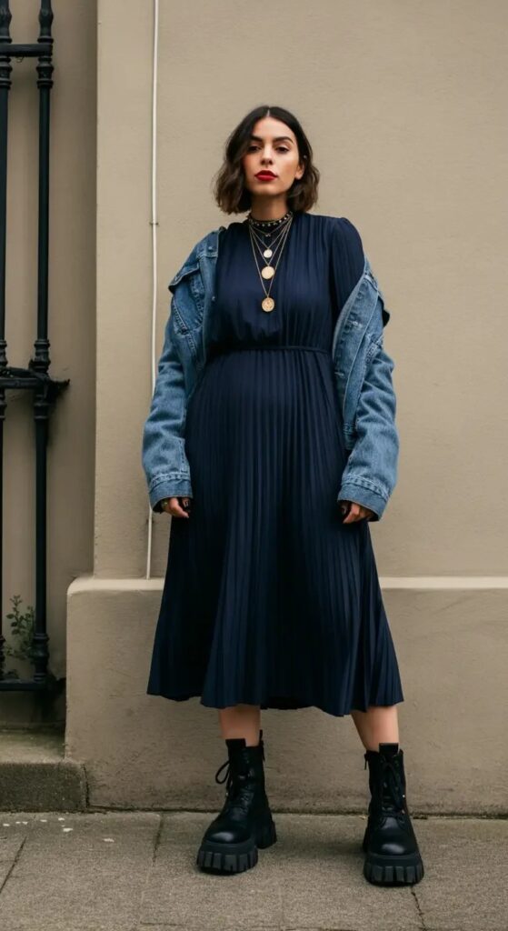 Pleated Midi Dress with Chunky Boots