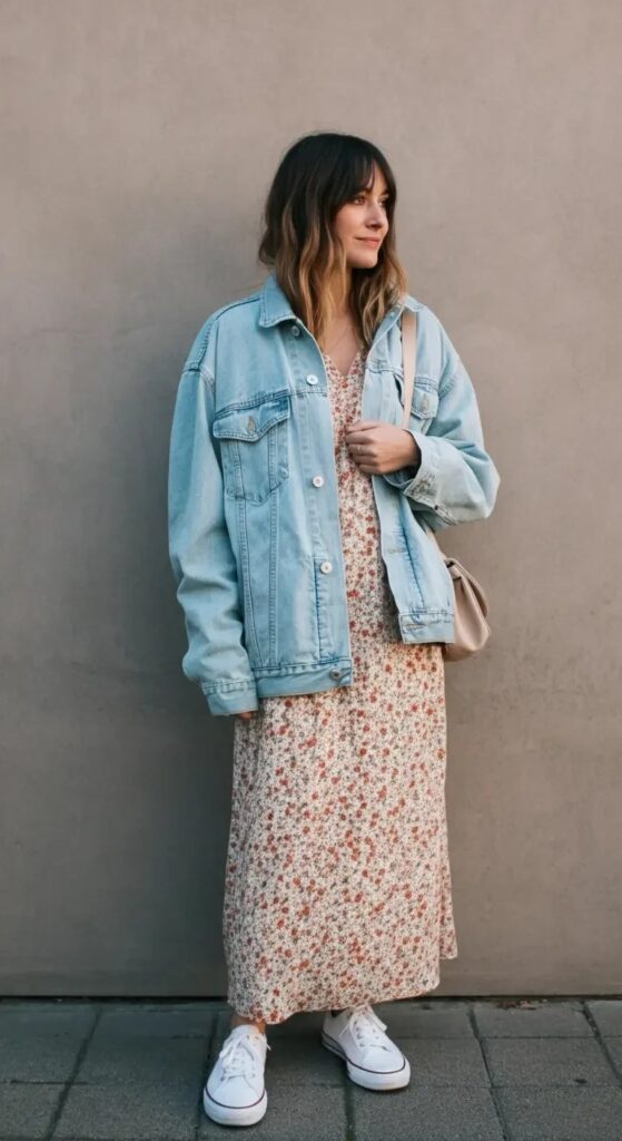 Printed Maxi Dress with Denim Jacket