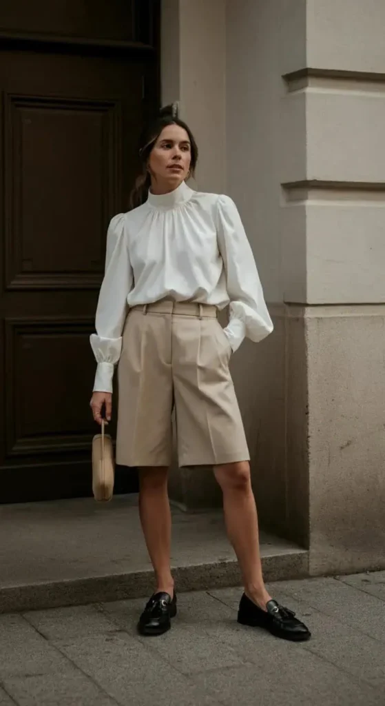 High-Neck Blouse with Tailored Shorts