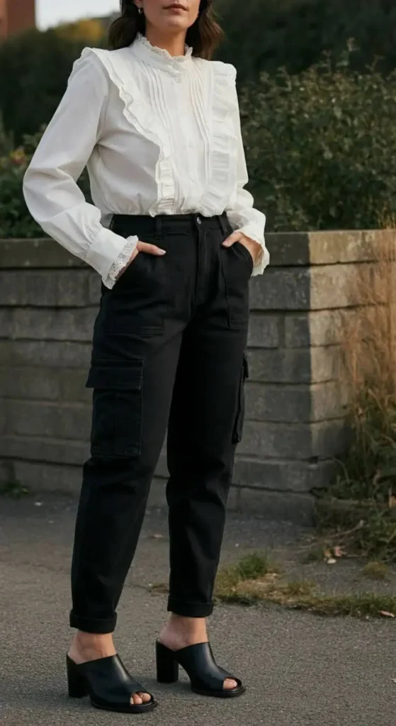 Ruffled Blouse with Cargo Pants