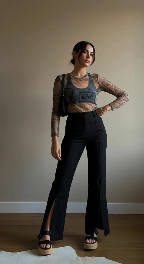 Split-Hem Pants and Graphic Mesh Top