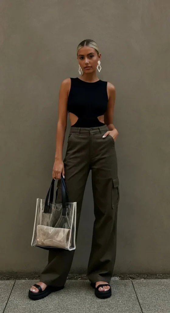 Cut-Out Bodysuit and Wide Cargo Pants