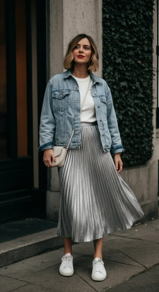 Pleated Metallic with Casual Denim