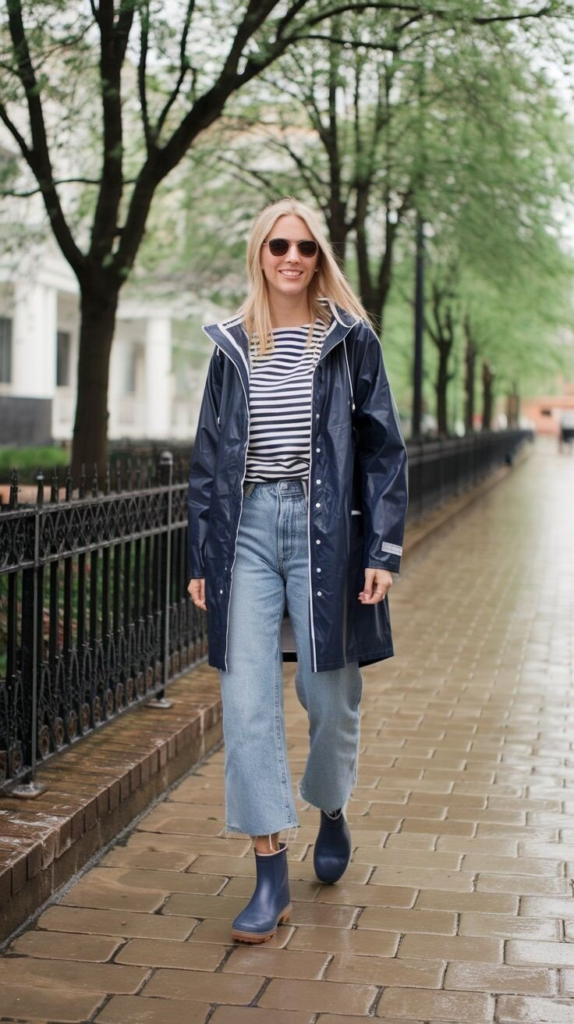 Navy Raincoat with Nautical Stripes