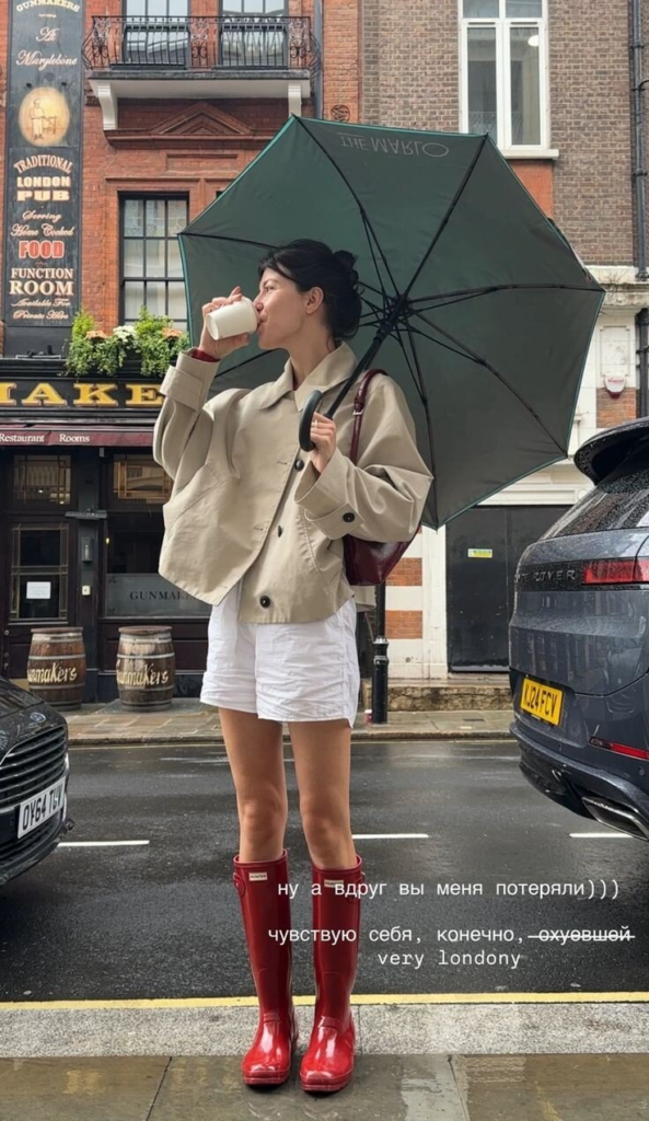 Cream Blazer with Bold Red Rain Boots