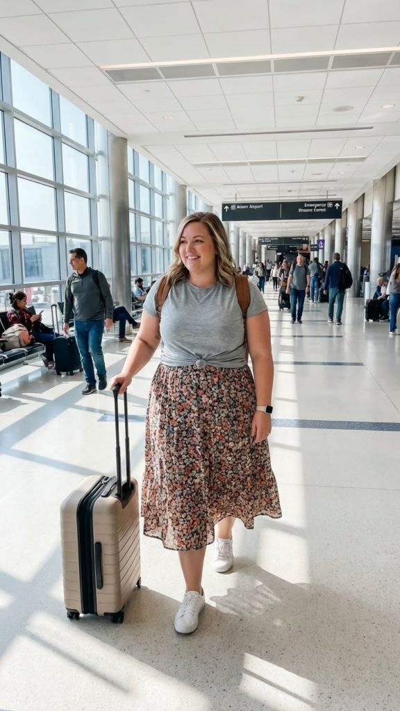 Midi Skirt + Soft Tee + Sneakers