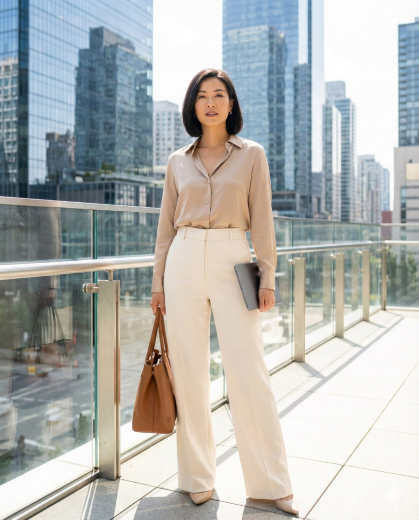 5. Neutral Blouse + Wide-Leg Pants