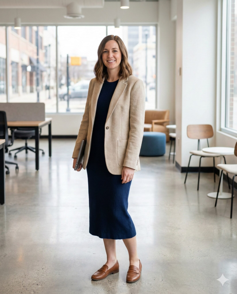7. Blazer + Simple Midi Dress