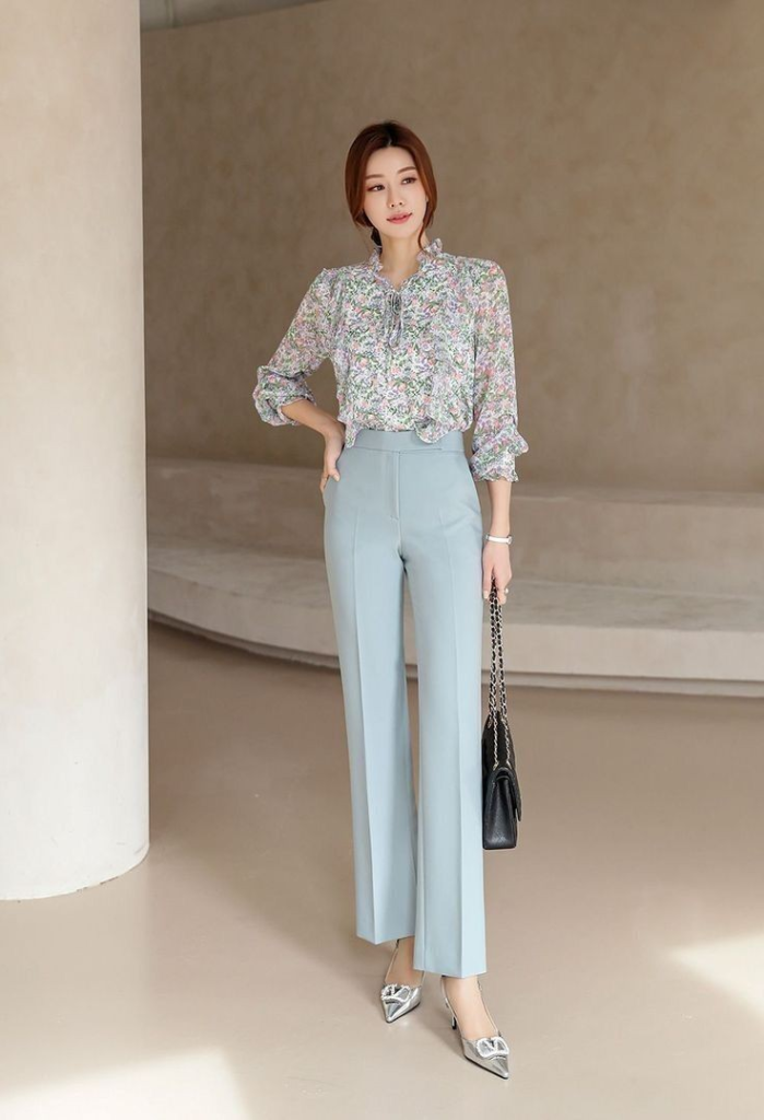 Floral Blouse with Tailored Trousers