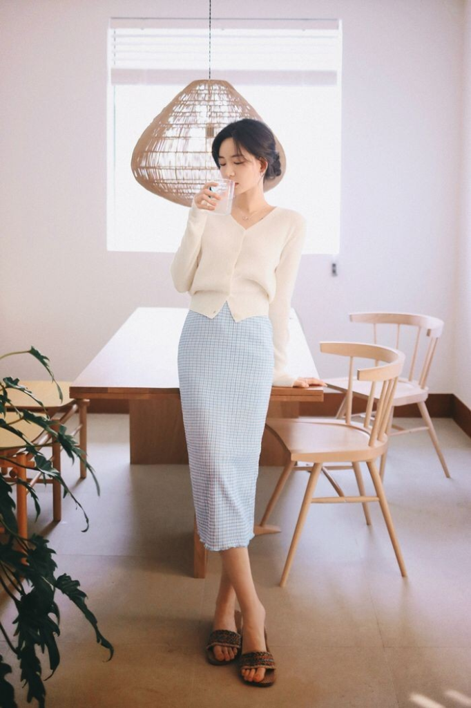 Cream Cardigan with Checked Midi Skirt