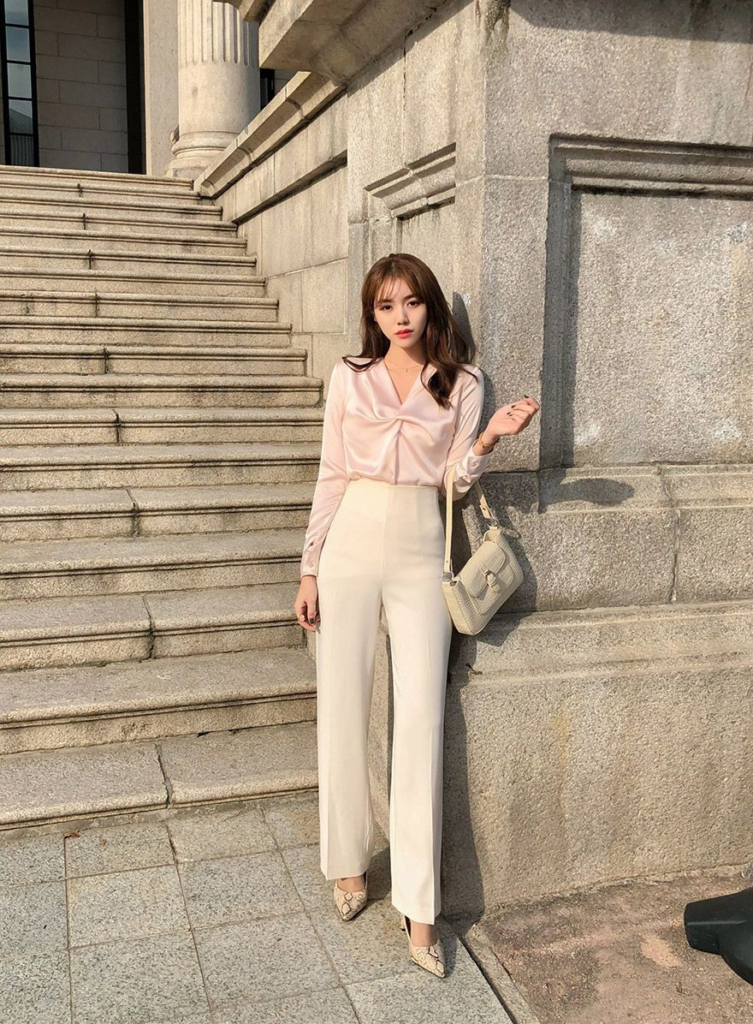 Soft Pink Blouse with Cream Trousers