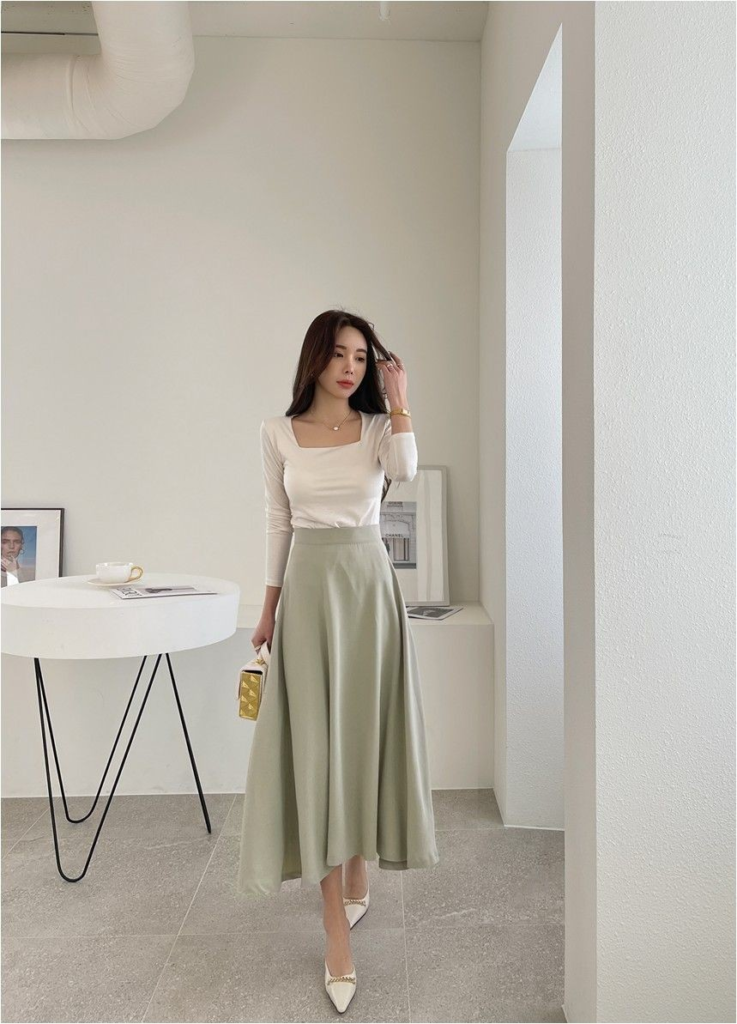 Cream Top with Sage Midi Skirt