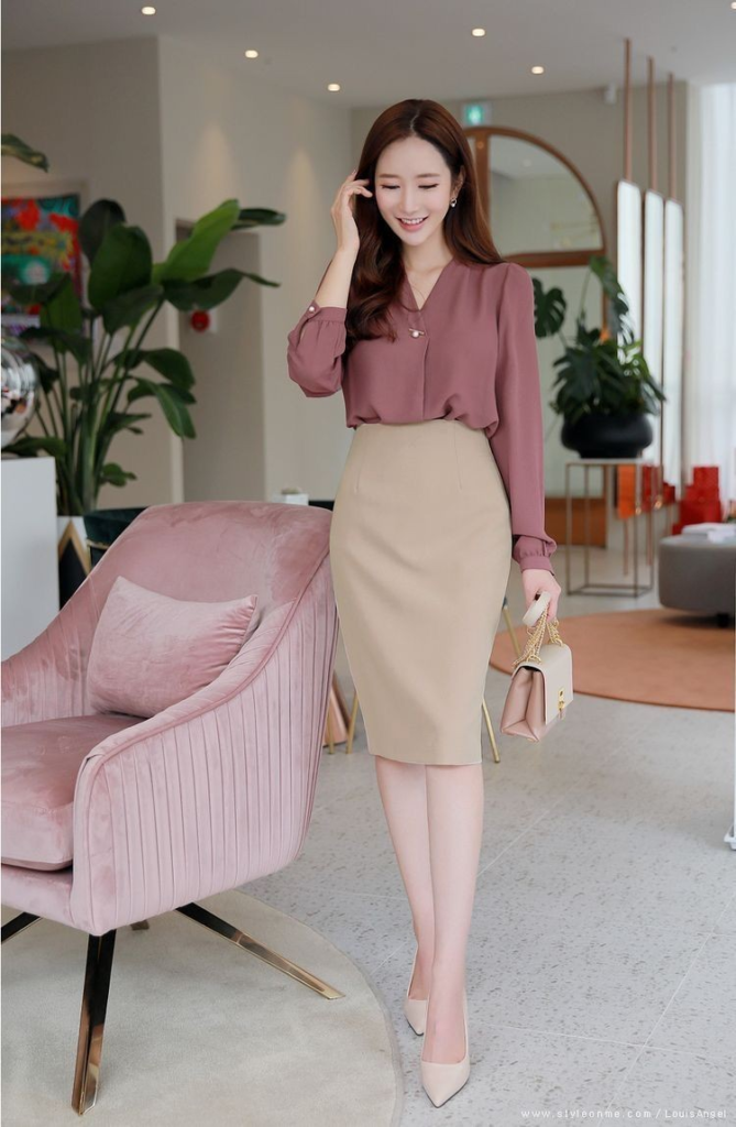 Blush Blouse with Cream Pencil Skirt