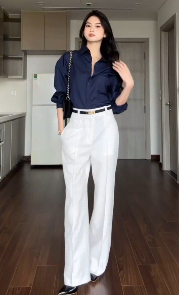 Navy Shirt with White Wide-Leg Trousers