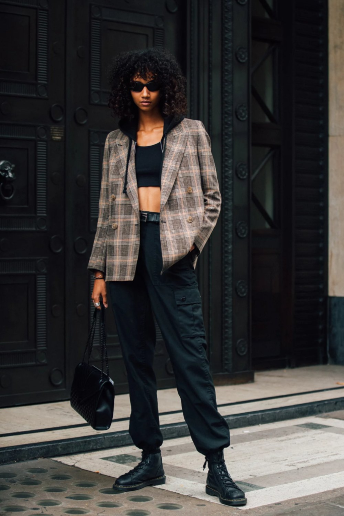 With a Crop Top and Checkered Blazer