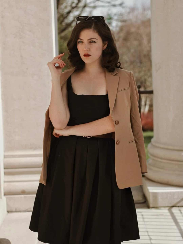 Classic Black Dress with Camel Blazer