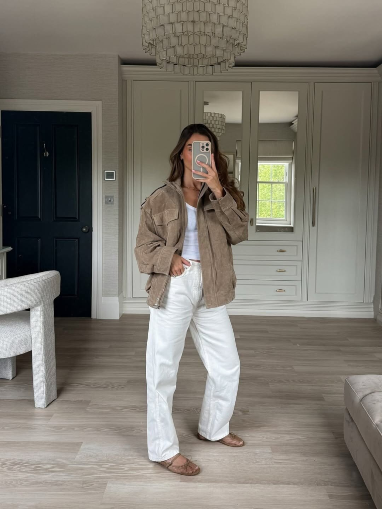 Suede Jacket and White Linen Pants