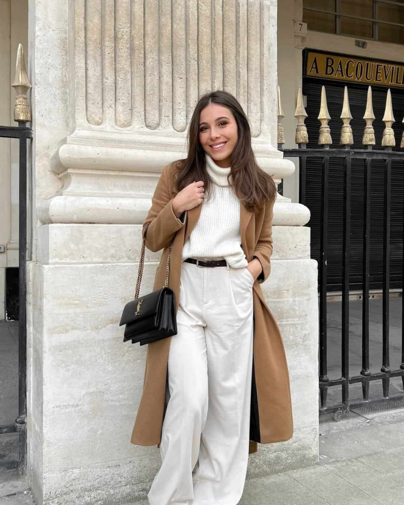 Camel Coat and White Turtleneck Combo