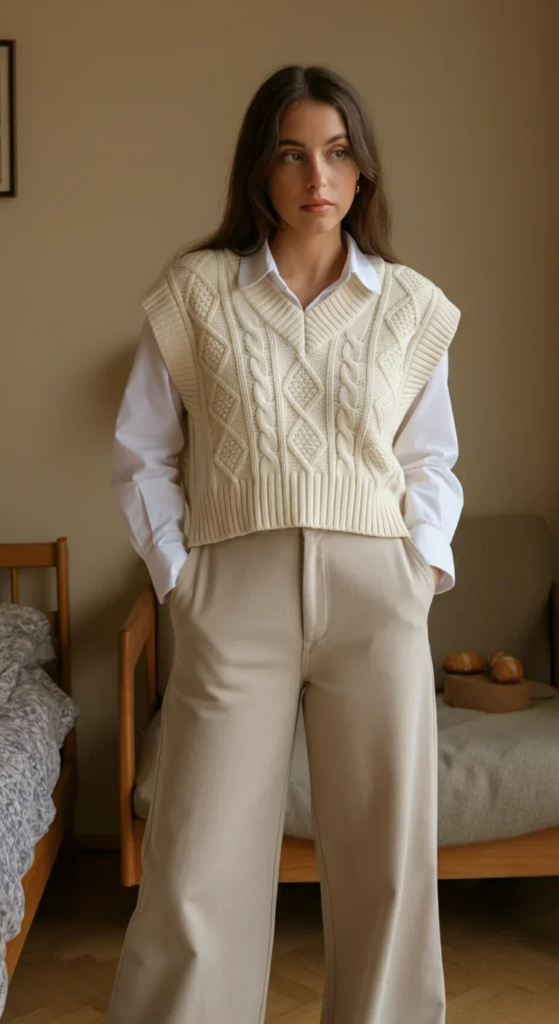 Cropped Cable Knit Vest and Wide-Leg Trousers