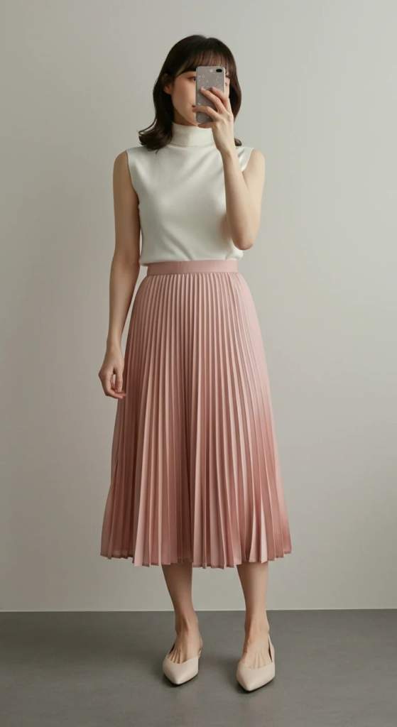 Pleated Midi Skirt and Sleeveless Turtleneck
