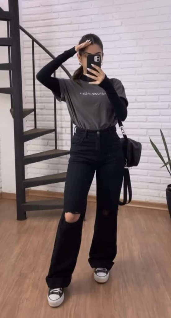 Edgy Monochrome with Ripped Denim