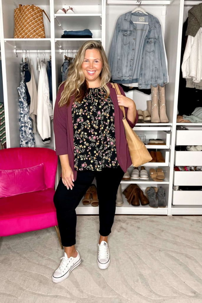 Floral Blouse with Burgundy Cardigan