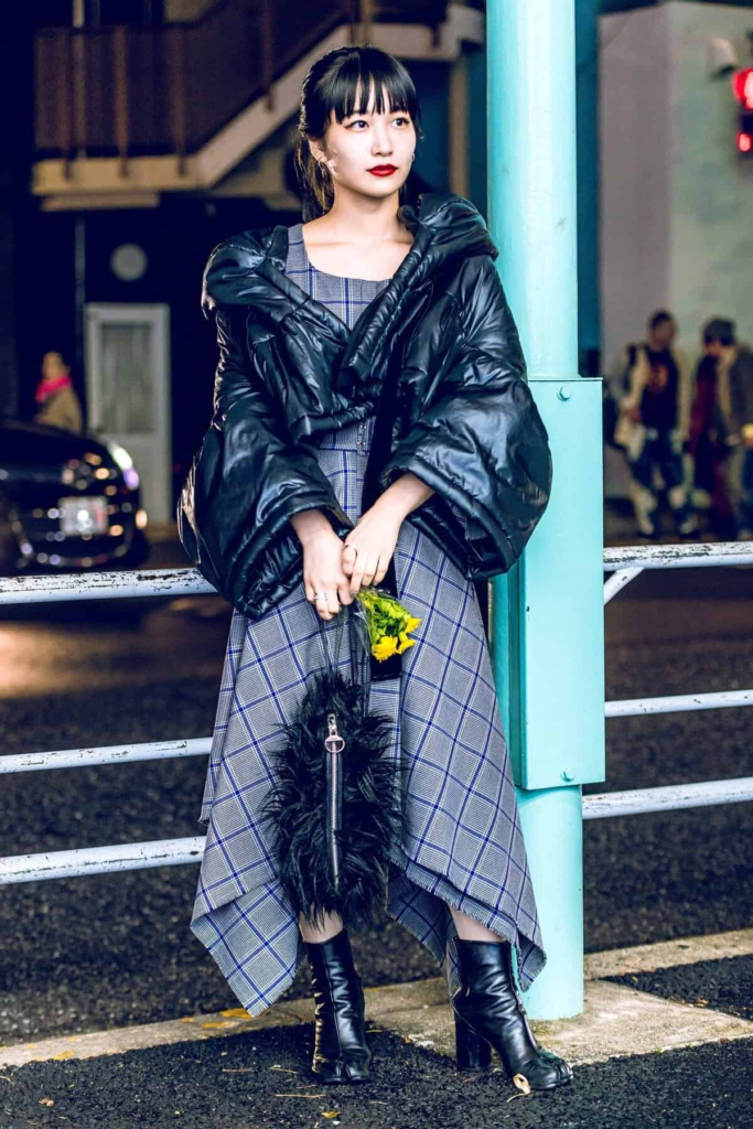 Puffer Jacket Over Plaid Dress