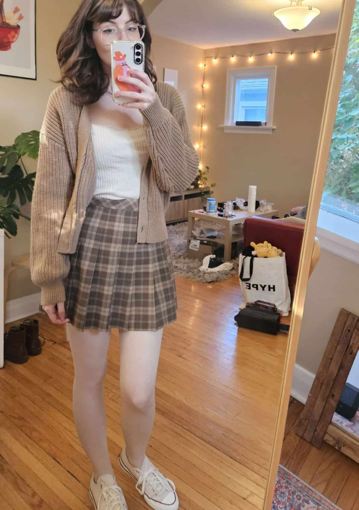 Cozy Cardigan and Plaid Skirt Combo