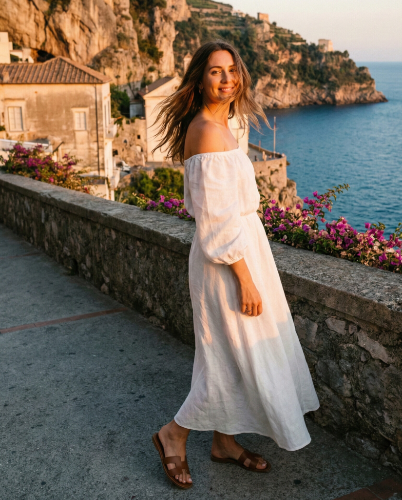 Off-Shoulder Dress with Flat Sandals