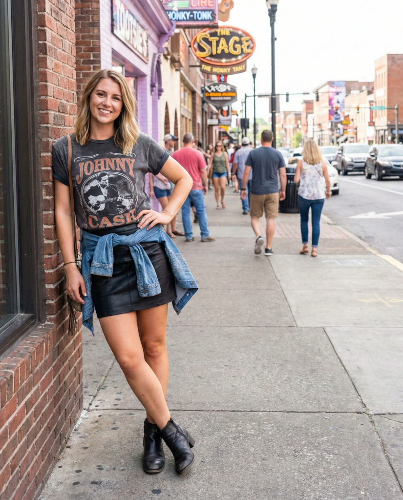 Graphic Tee with Leather Skirt
