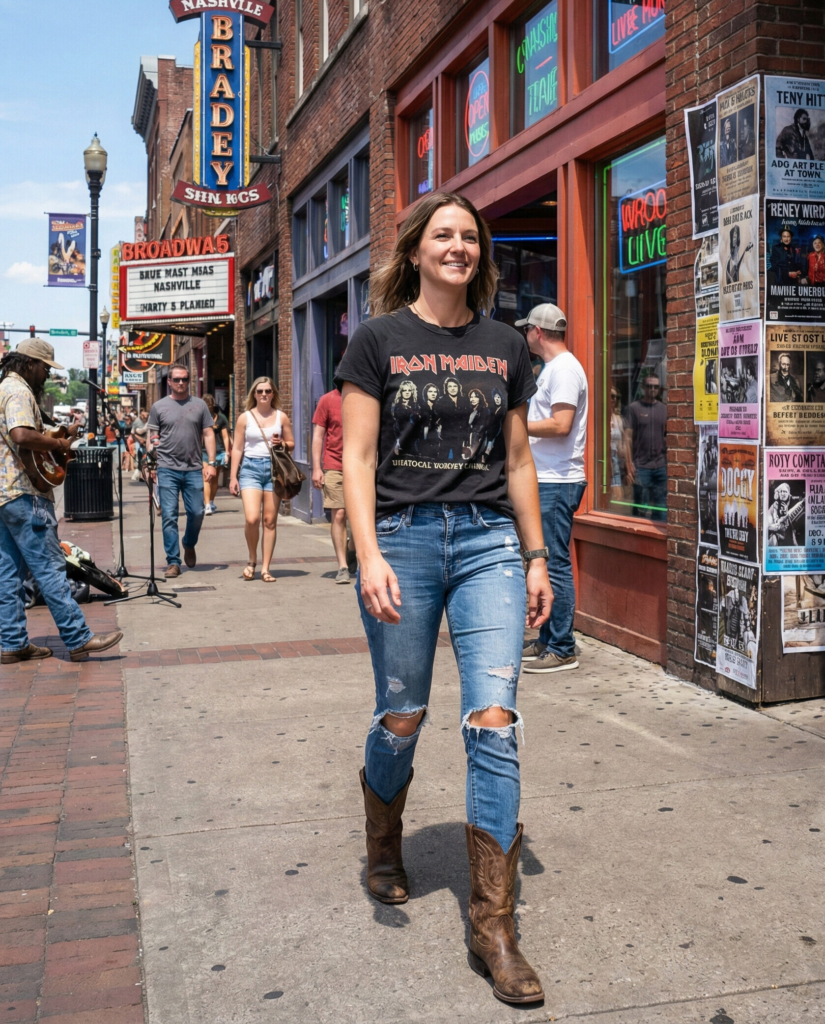 Band Tee with Distressed Jeans