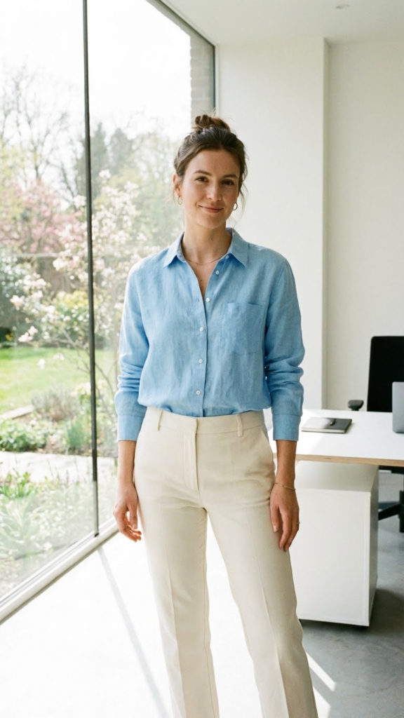 Pastel Button-Up Shirt + Straight-Leg Pants