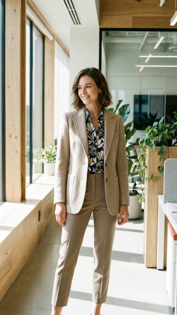 Neutral Blazer + Printed Blouse + Ankle Pants