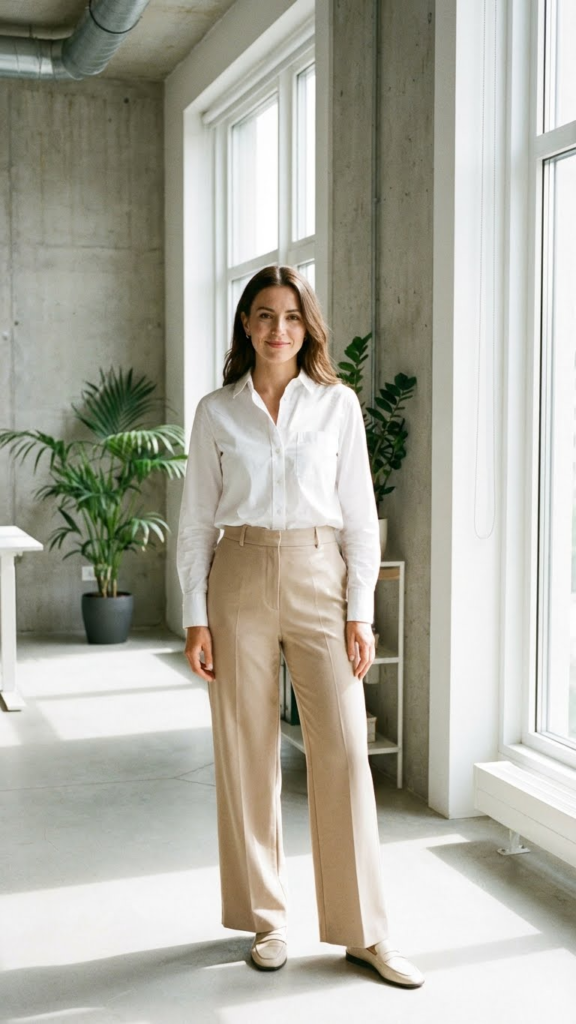 White Shirt + Beige Wide-Leg Trousers