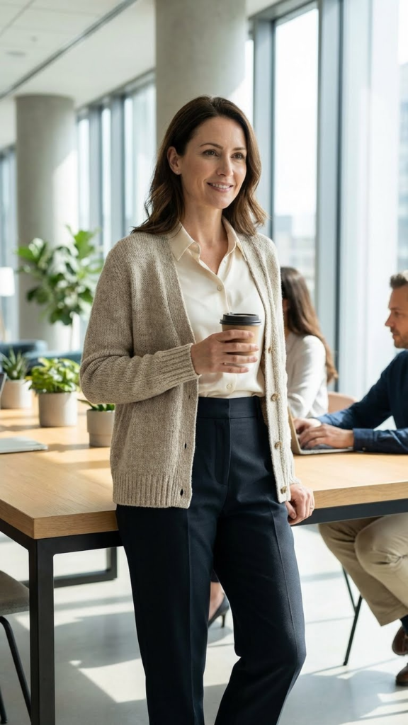 Soft Cardigan + Blouse + Tailored Pants
