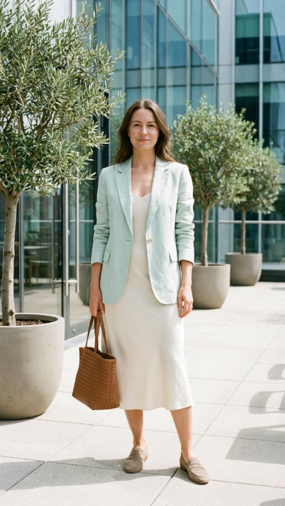 Pastel Blazer + Neutral Dress