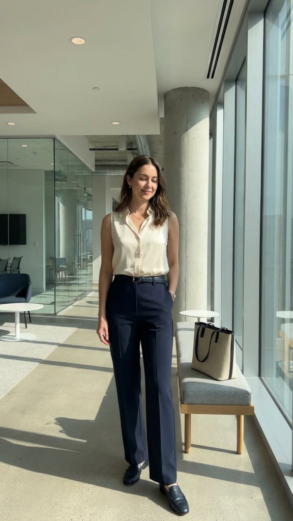 Sleeveless Blouse + High-Waisted Trousers