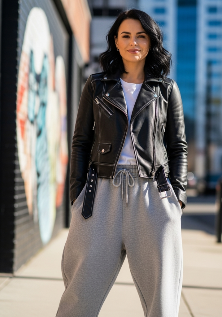 Baggy Sweatpants + Leather Jacket