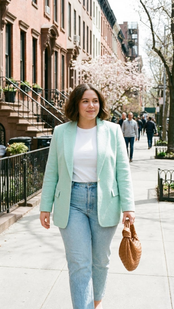 Pastel Blazer + Tee + Straight-Leg Jeans